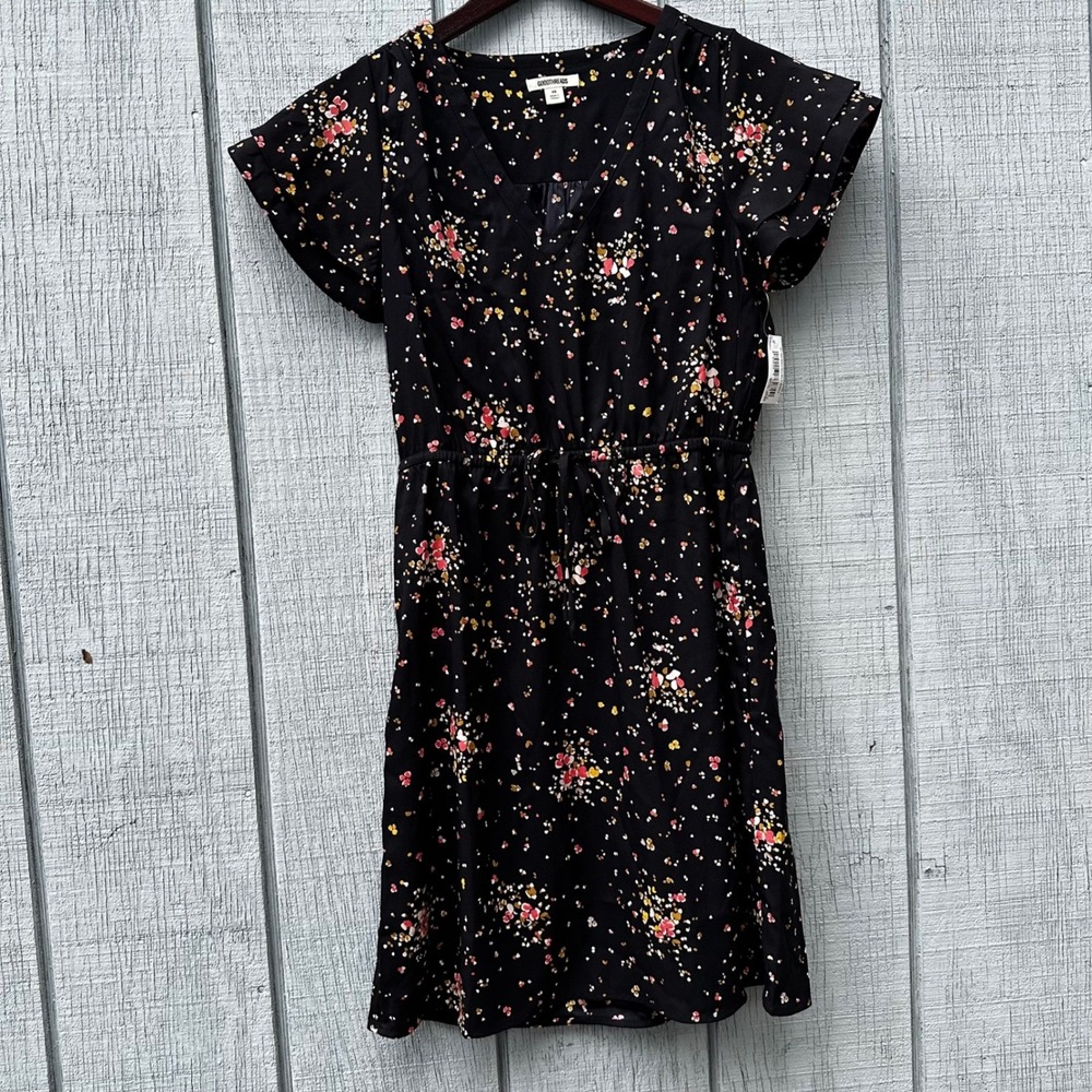Goodthreads XS Black Floral Print Drawstring Waist Dress‎ Flutter Sleeves NWT